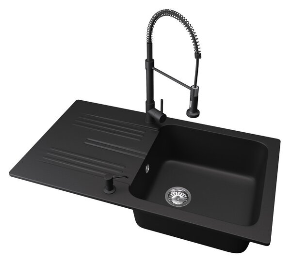 Gránit mosogató NERO Malta + kihúzható zuhanyfejes Loop Spiral csaptelep + adagoló (matt fekete)