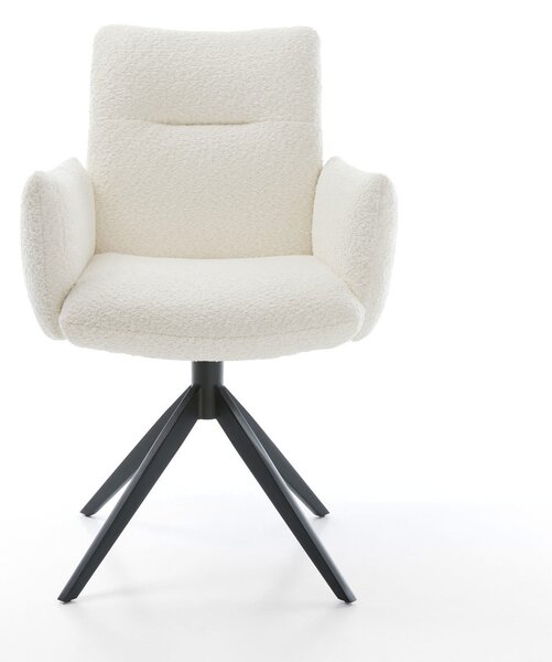 DELIFE Étkezőszék Jova-Flex karfás bouclé fehér kereszt láb széles fekete 360° forgatható hintamechanizmus zsákrugós