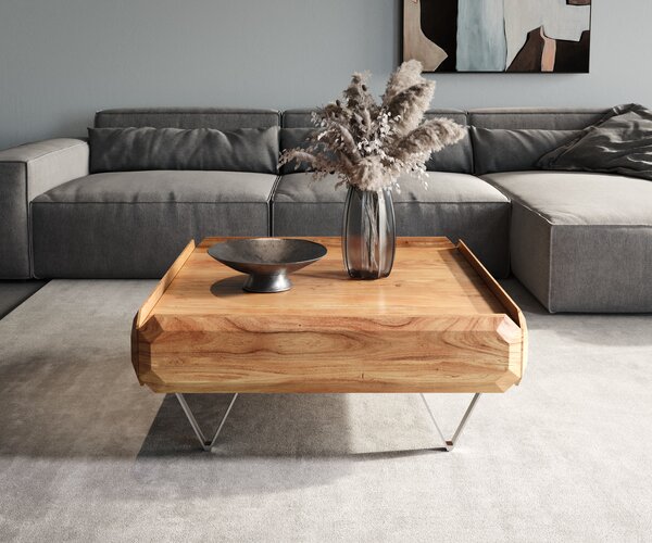 DELIFE Dohányzóasztal Kiano 90x90 cm akác természetes 2 fiók V-láb rozsdamentes acél