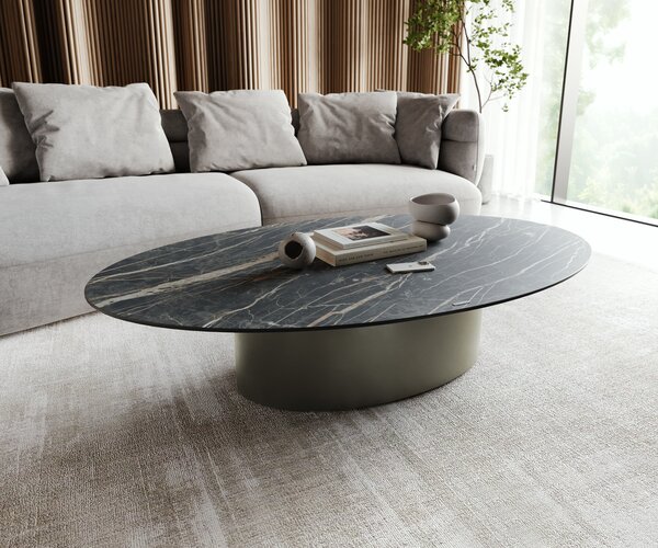 DELIFE Dohányzóasztal Casilda 150x90 cm kerámia Laminam®Noir Desir barna középső láb titán effekt felület