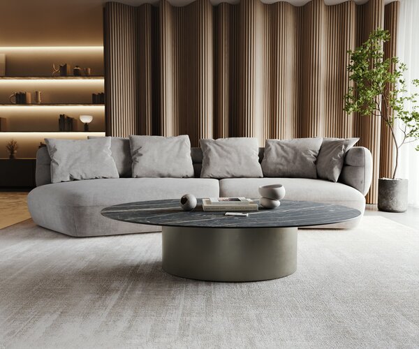 DELIFE Dohányzóasztal Casilda 150x90 cm kerámia Laminam®Noir Desir barna középső láb titán effekt felület