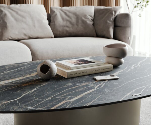 DELIFE Dohányzóasztal Casilda 150x90 cm kerámia Laminam®Noir Desir barna középső láb titán effekt felület