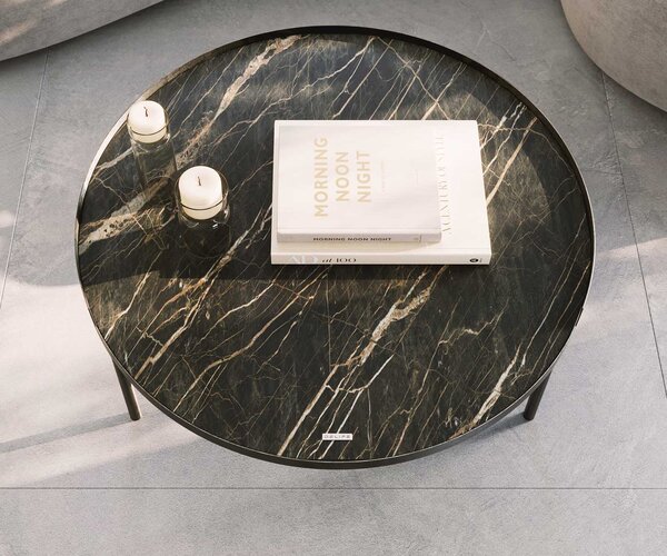 DELIFE Dohányzóasztal Torell 80x80 cm kerámia Laminam®Noir Desir barna fémkeret titán effekt felület