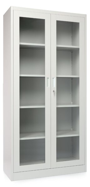 Univerzális fém szekrény üvegajtókkal, 90 x 40 x 185 cm, hengerzár, szürke - ral 7035