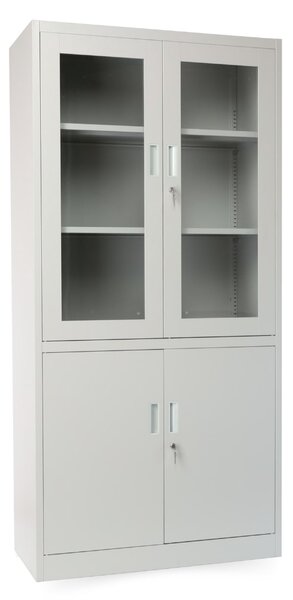 Univerzális fém szekrény osztott ajtókkal, 90 x 40 x 185 cm, hengerzár, szürke - ral 7035