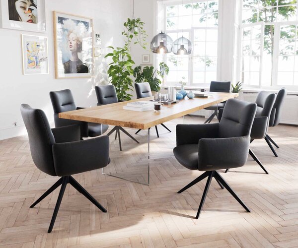 DELIFE Étkezőszék Jova-Flex kényelmes karfákkal valódi fekete bőrrel széles fekete kereszt lábbal 360° forgatható zsákrugós
