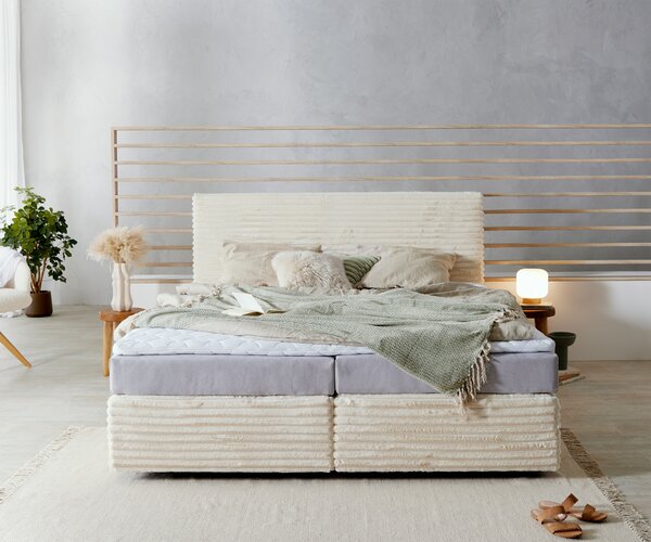 DELIFE Boxspring ágy Dream-Well plüss kord bézs 180x200 cm zsákrugós matrac visco topper