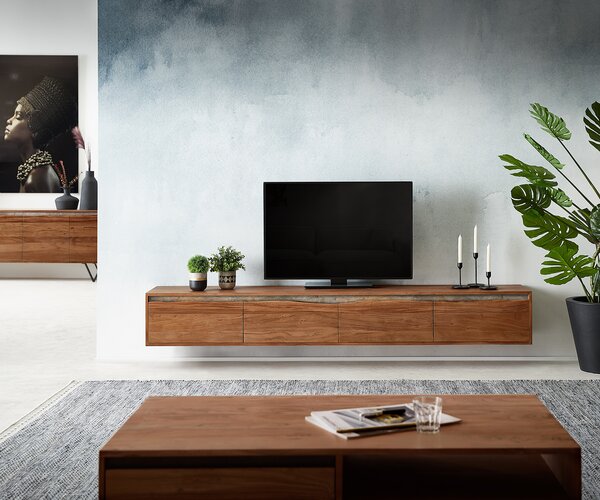 DELIFE TV szekrény Stonegrace 220 cm akác barna természetes él 4 ajtós lebegő