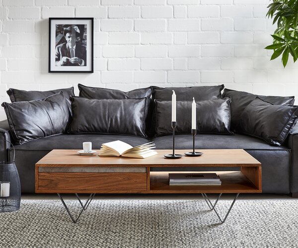 DELIFE Dohányzóasztal Stonegrace 115x60 cm akác barna pala 2 fiók 1 rekesz "V" alakú láb fekete