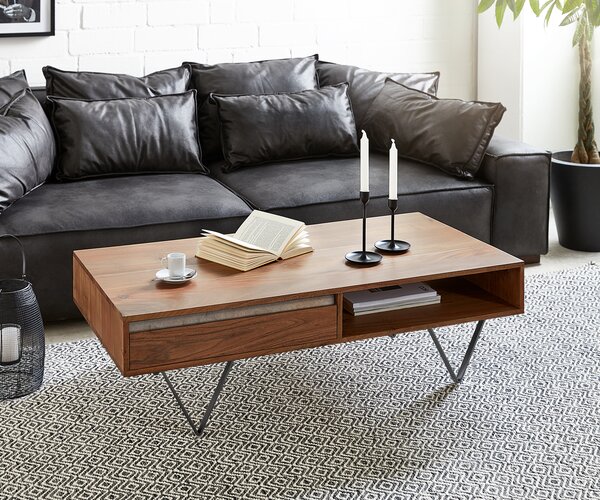 DELIFE Dohányzóasztal Stonegrace 115x60 cm akác barna pala 2 fiók 1 rekesz "V" alakú láb fekete