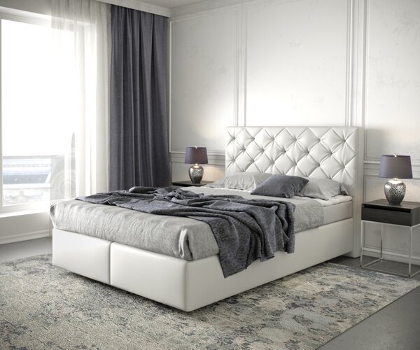 DELIFE Boxspring ágy Dream-Great 140x200 cm műbőr fehér matraccal és topperrel