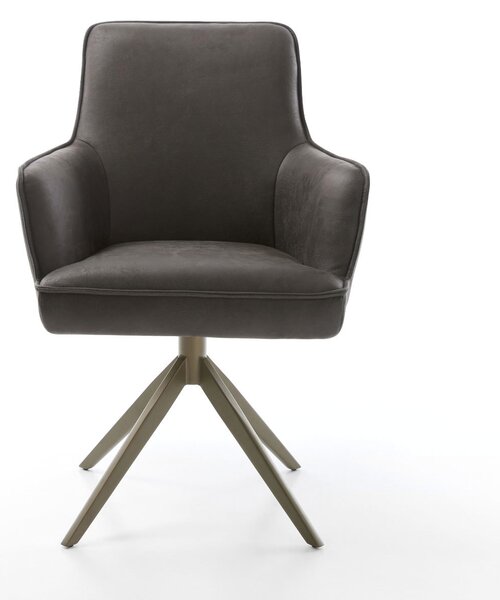 DELIFE Étkezőszék Heira-Flex karfás mikroszálas antracit vintage kereszt láb széles titán effekt felület 360° forgatható hintamechanizmus zsákrugós matrac