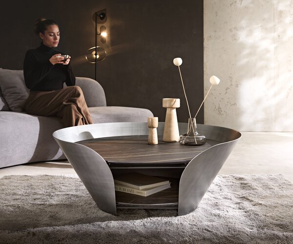 DELIFE Dohányzóasztal Skafi 100x40 cm Laminam® kerámia Noir Desir barna metál ezüst