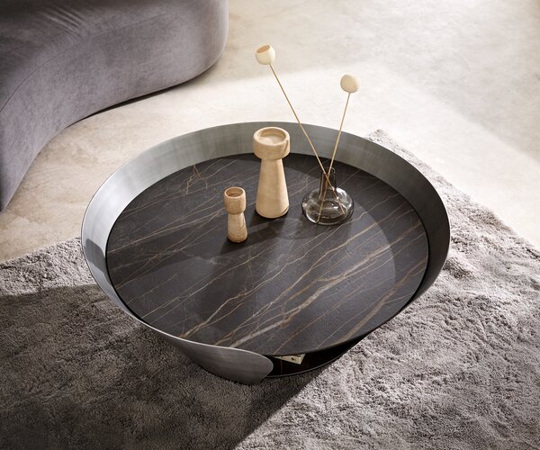 DELIFE Dohányzóasztal Skafi 100x40 cm Laminam® kerámia Noir Desir barna metál ezüst