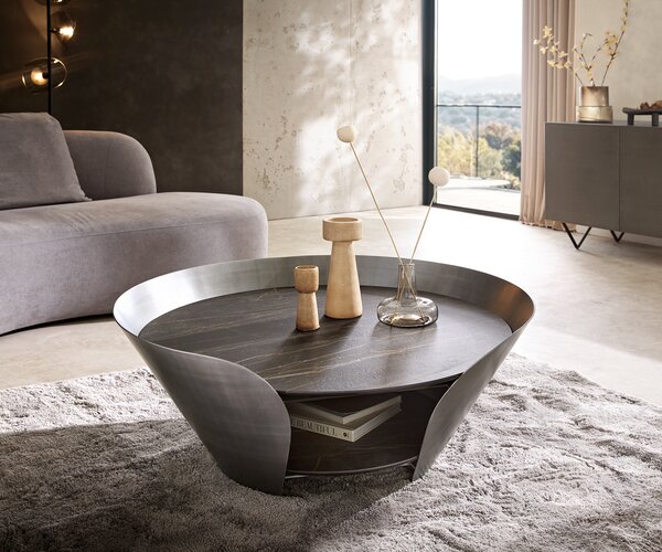 DELIFE Dohányzóasztal Skafi 100x40 cm Laminam® kerámia Noir Desir barna metál ezüst