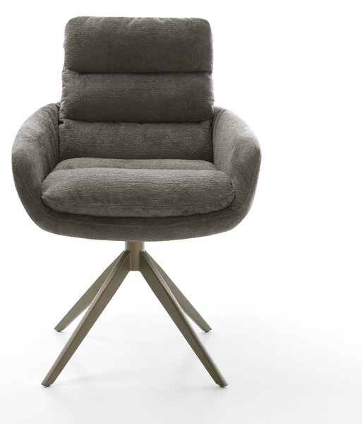 DELIFE Étkezőszék Abelia-Flex karfás bouclé puha sötét bézs kereszt láb széles titán színű 360° forgatható billenő funkció