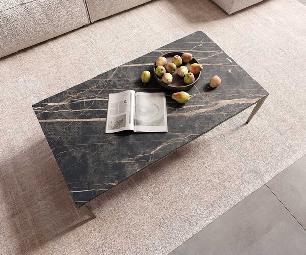 DELIFE Dohányzóasztal Levente 110x60 cm Laminam® kerámia Noir Desir barna fém láb titán színű