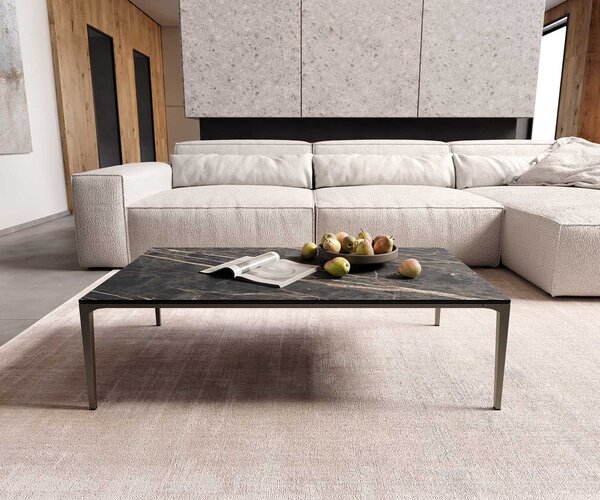 DELIFE Dohányzóasztal Levente 110x60 cm Laminam® kerámia Noir Desir barna fém láb titán színű