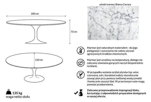TULIP ELLIPSE MARBLE CARRARA fehér asztal - ovális márványlap, fém
