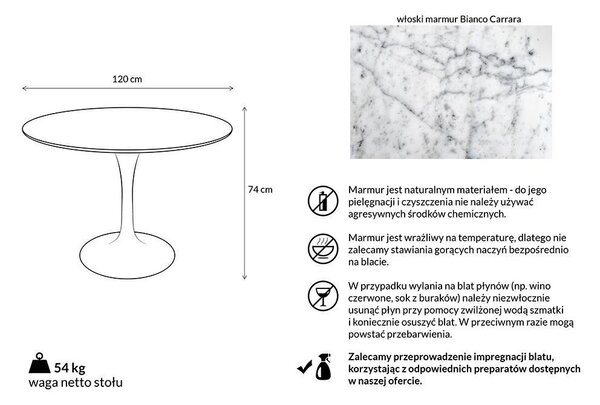 King Home Tulip Marble 120 Carrara étkezőasztal márvány fehér