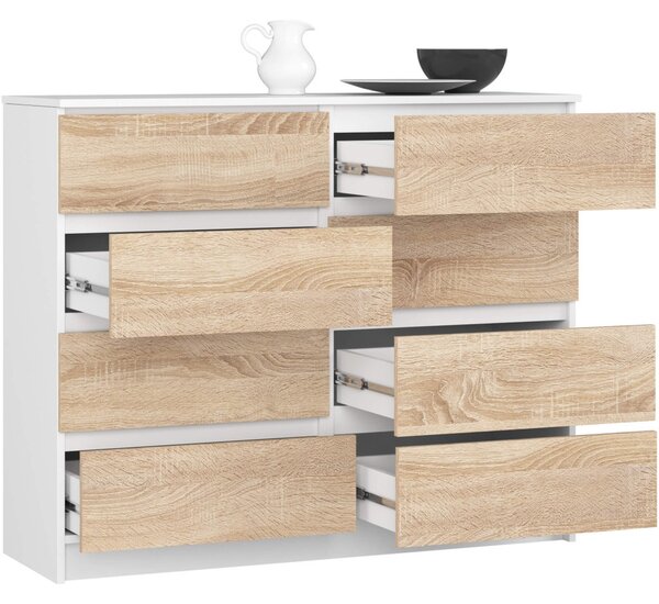 AKORD Modern 8 Fiókos Komód Laminált Fehér-Sonoma 120cm