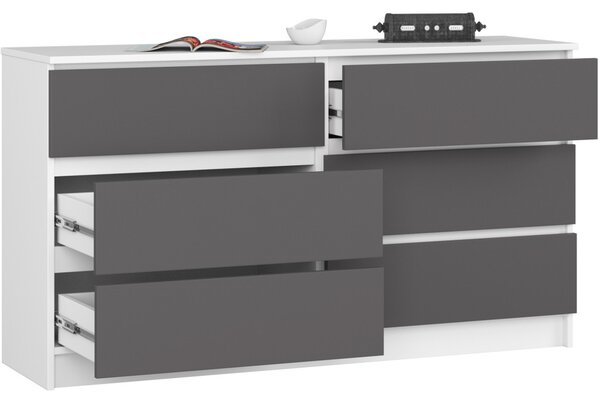 AKORD CLP 140 Komód Laminált Fehér-Grafitszürke 6 Fiókos