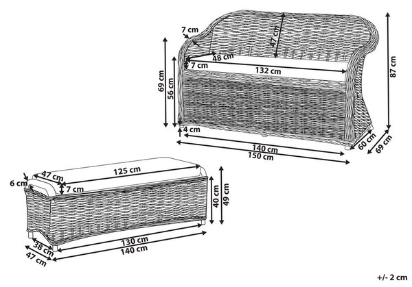Kerti pad ülőpárnával SUSUA 150 cm Ottománnal Rattan Természetes