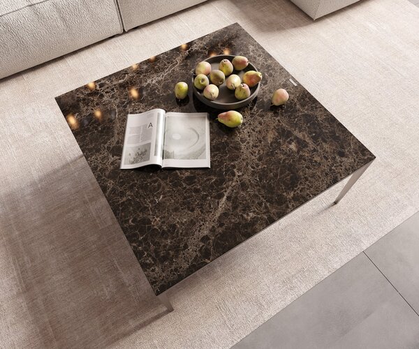 DELIFE Dohányzóasztal Levente 85x85 cm Laminam® Emperador extra polírozott kerámia sötétbarna rozsdamentes acél láb ezüst