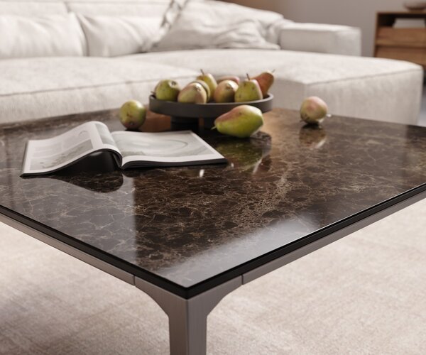 DELIFE Dohányzóasztal Levente 85x85 cm Laminam® Emperador extra polírozott kerámia sötétbarna rozsdamentes acél láb ezüst