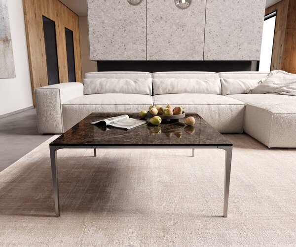DELIFE Dohányzóasztal Levente 85x85 cm Laminam® Emperador extra polírozott kerámia sötétbarna rozsdamentes acél láb ezüst