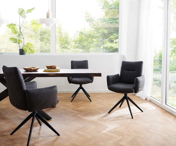 DELIFE Étkezőszék Jova-Flex karfás mikroszálas antracit vintage széles kereszt láb fekete 360° forgatható zsákrugós
