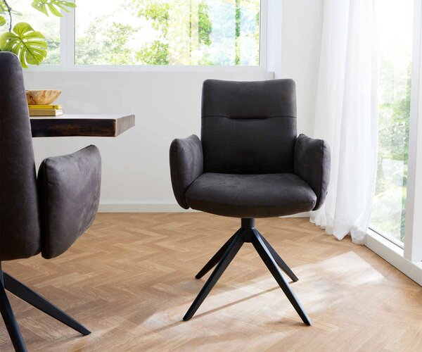 DELIFE Étkezőszék Jova-Flex karfás mikroszálas antracit vintage széles kereszt láb fekete 360° forgatható zsákrugós