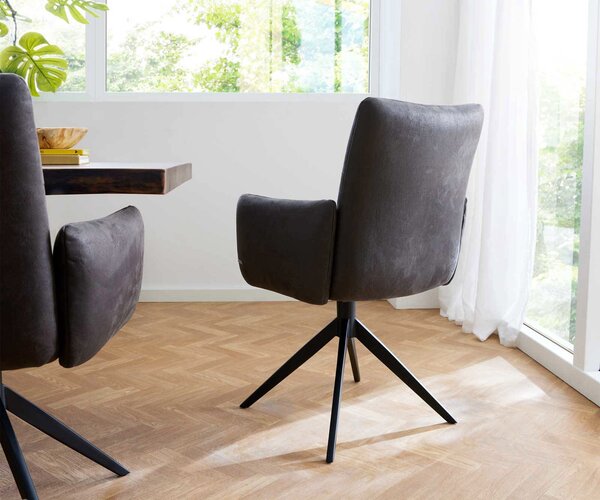 DELIFE Étkezőszék Jova-Flex karfás mikroszálas antracit vintage széles kereszt láb fekete 360° forgatható zsákrugós