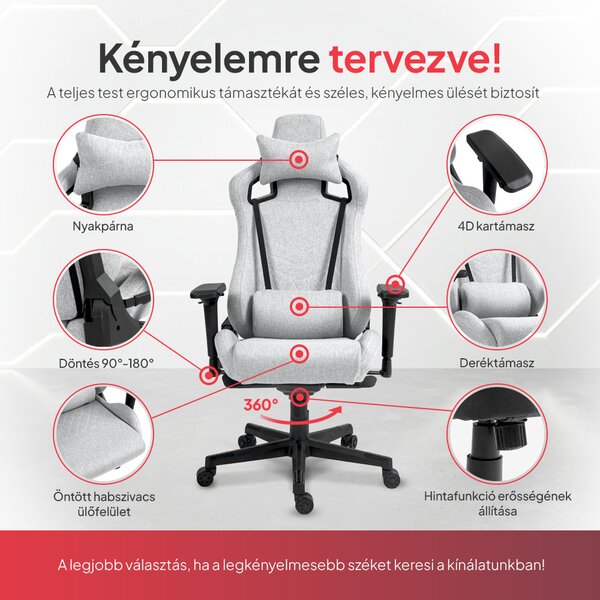 Prémium ergonomikus irodai szék, forgószék, gamer szék szürke (1058FA)