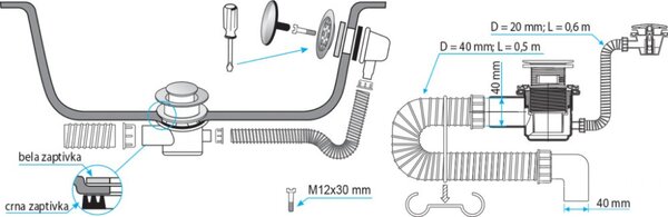 TEXO kádszifon - KRÓM - Klikk - klakk leeresztővel - flexibilis csővel - Ø 5/4" x 0,5 m x Ø 40 mm