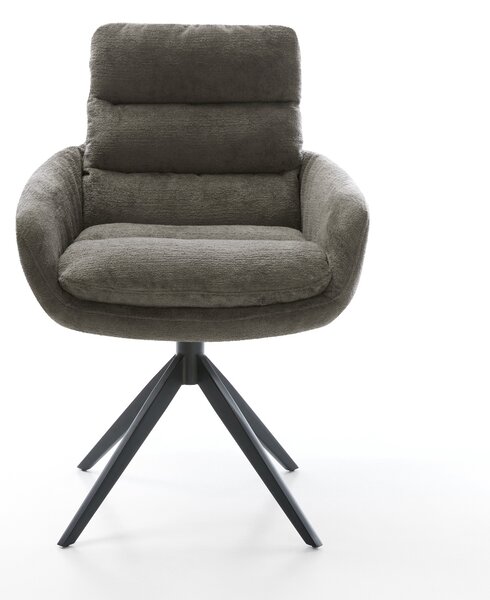 DELIFE Étkezőszék Abelia-Flex karfás bouclé puha sötét bézs kereszt láb széles fekete 360° forgatható billenő funkció