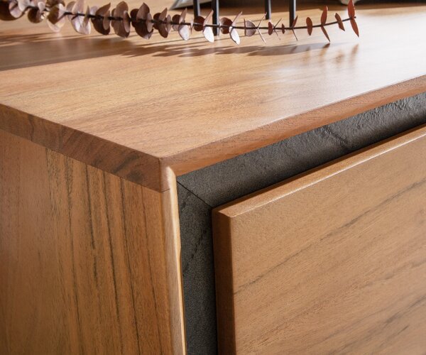 DELIFE Komód Stonegrace 175 cm akác természetes 2 ajtós 3 fiókos kőfurnér V láb