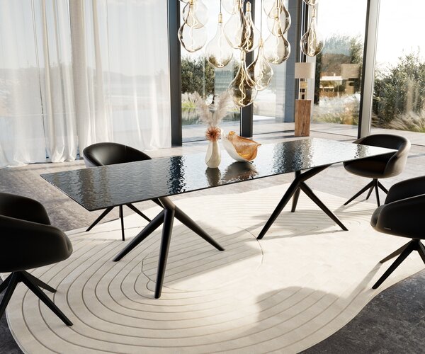 DELIFE Étkezőasztal Edge 300x100 domborított üveg füstfekete 3D design Estelar kerek fém fekete