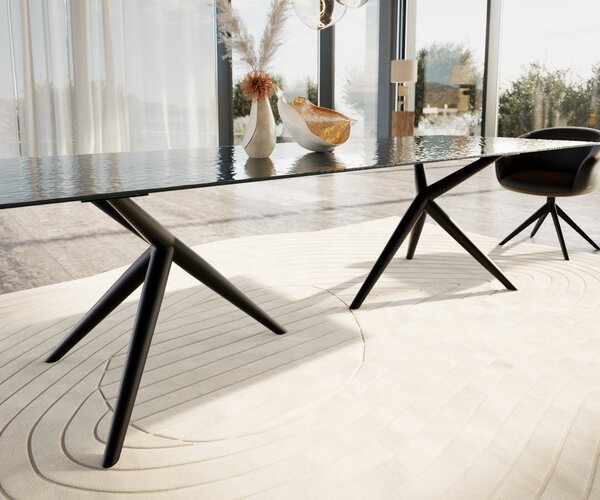 DELIFE Étkezőasztal Edge 300x100 domborított üveg füstfekete 3D design Estelar kerek fém fekete