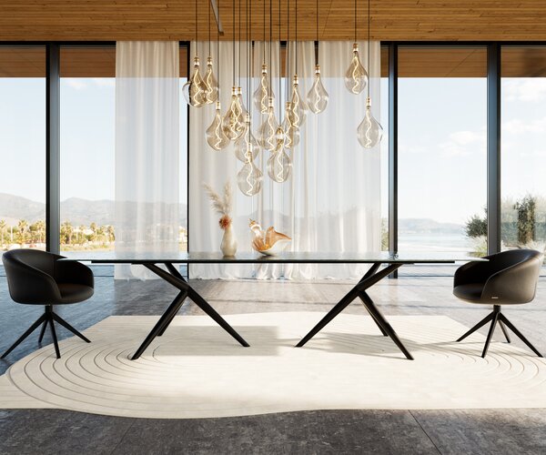 DELIFE Étkezőasztal Edge 300x100 domborított üveg füstfekete 3D design Estelar kerek fém fekete