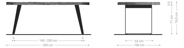 DELIFE Étkezőasztal Edge 200x100 cm XL akác platina rozsdamentes acél ezüst ferde Live-Edge