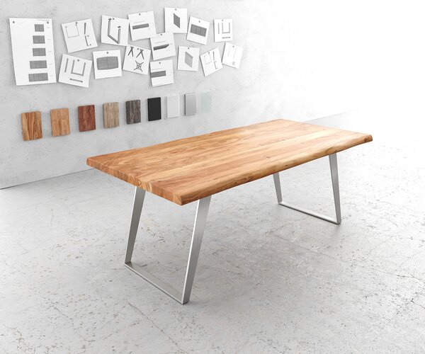 DELIFE Étkezőasztal Edge 200x100 cm XL akác természetes rozsdamentes acél ezüst ferde Live-Edge