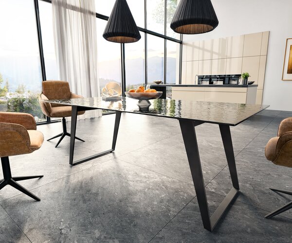 DELIFE Étkezőasztal Edge 200x100 domborított üveg füstfekete 3D design fém ferde fekete