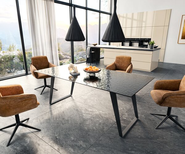 DELIFE Étkezőasztal Edge 200x100 domborított üveg füstfekete 3D design fém ferde fekete