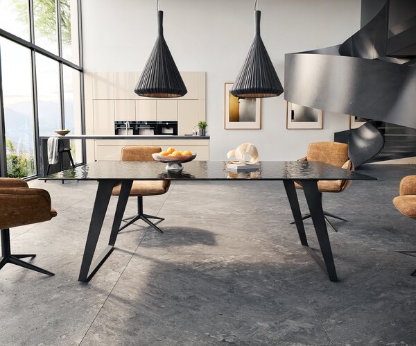 DELIFE Étkezőasztal Edge 200x100 domborított üveg füstfekete 3D design fém ferde fekete