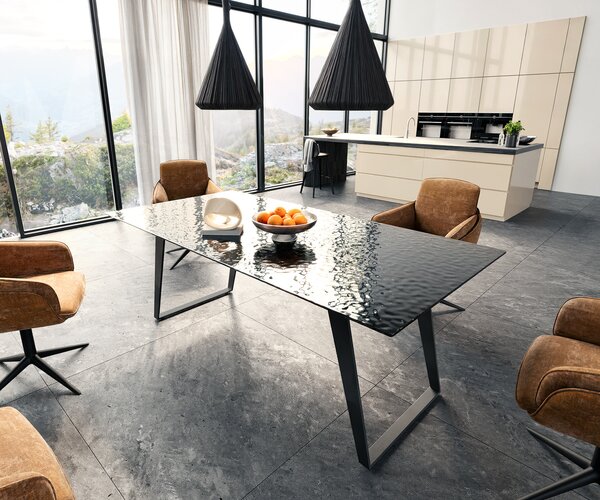 DELIFE Étkezőasztal Edge 200x100 domborított üveg füstfekete 3D design fém ferde fekete