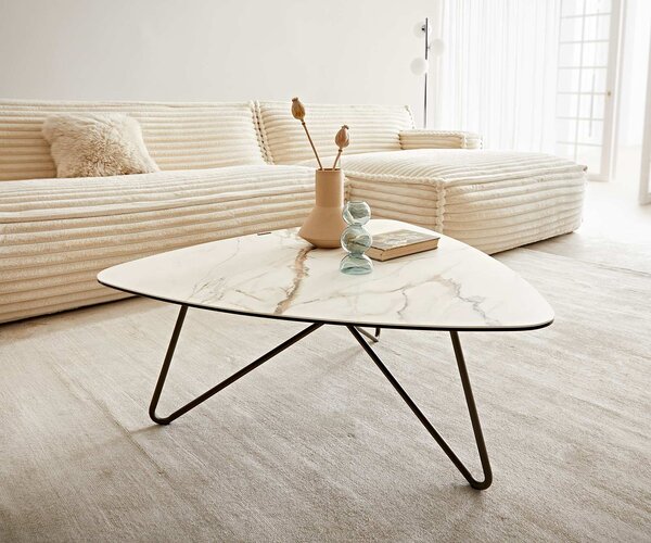 DELIFE Dohányzóasztal Ekrem 88x85 cm kerámia Calacatta Luxe fehér arany szürke hajlított láb kerek fém titán effekt felület