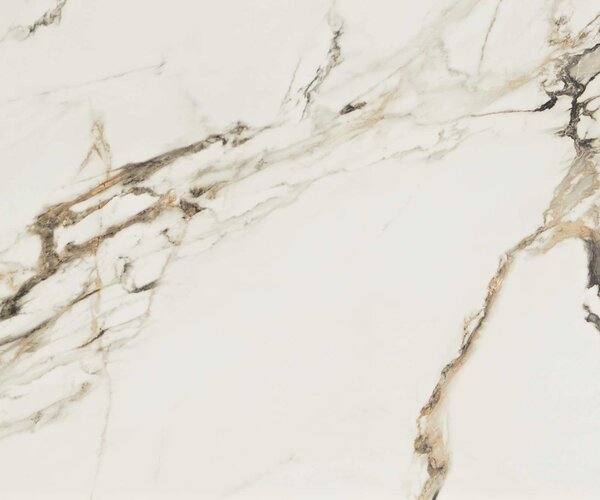 DELIFE Dohányzóasztal Ekrem 88x85 cm kerámia Calacatta Luxe fehér arany szürke hajlított láb kerek fém titán effekt felület