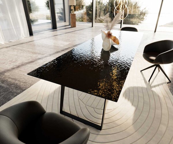 DELIFE Étkezőasztal Edge 300x100 domborított üveg füstfekete 3D design fém ferde fekete