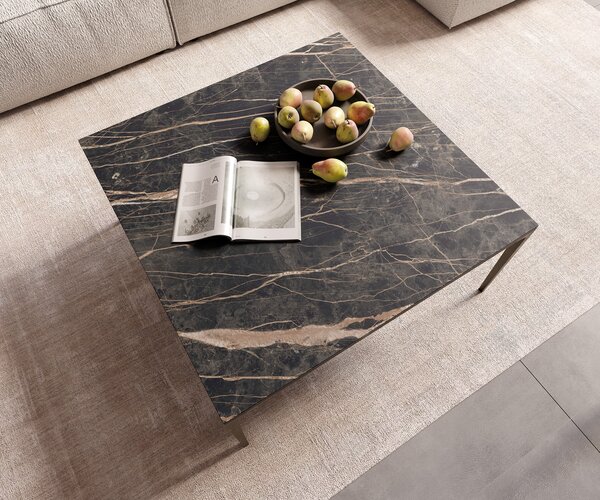 DELIFE Dohányzóasztal Levente 85x85 cm Laminam® kerámia Noir Desir barna fém láb titán színű hatású